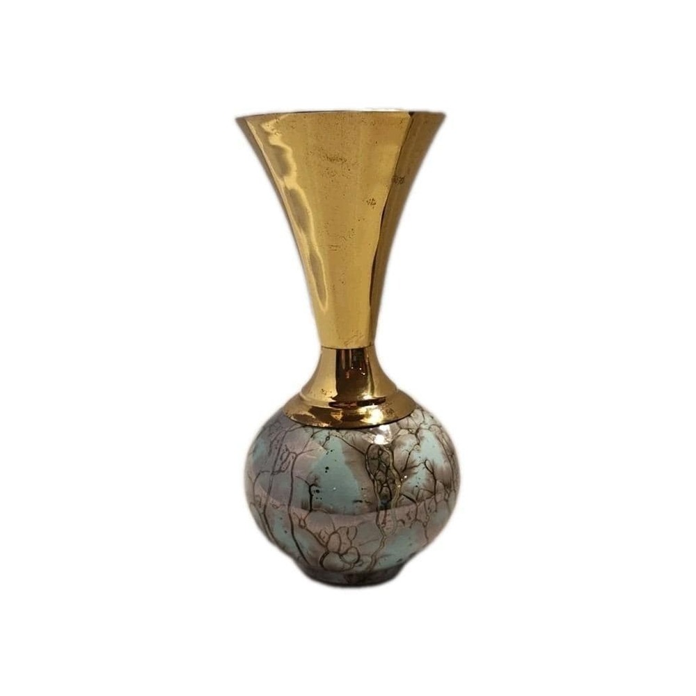 VTG Delft Holland Hand Painted Ceramic Brass Bud Vase Mixed Media Floral Blue